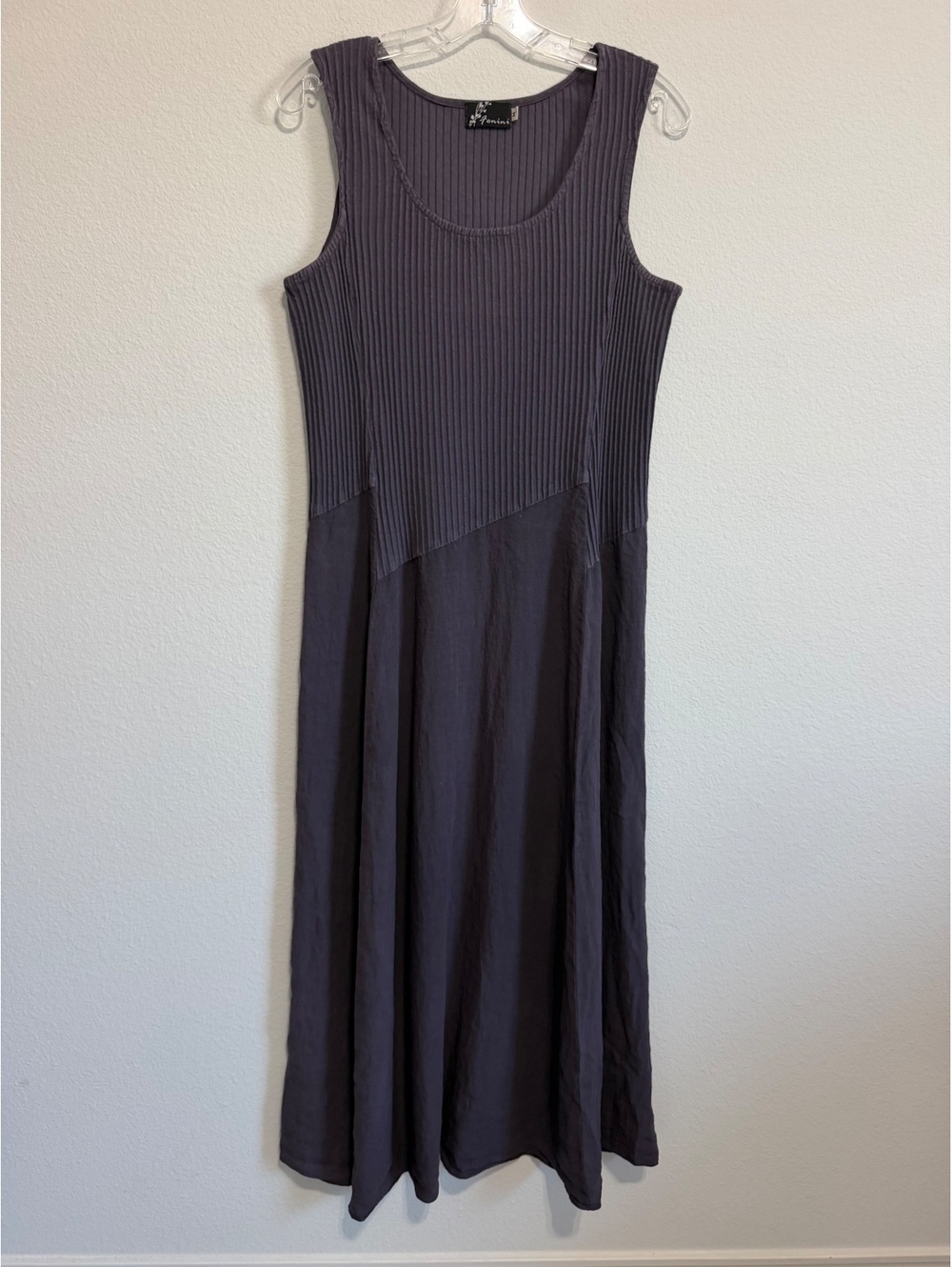 Fenini Purple Ribbed Knit Mixed Fabric A-Line Midi Lagen Look Dress Size M